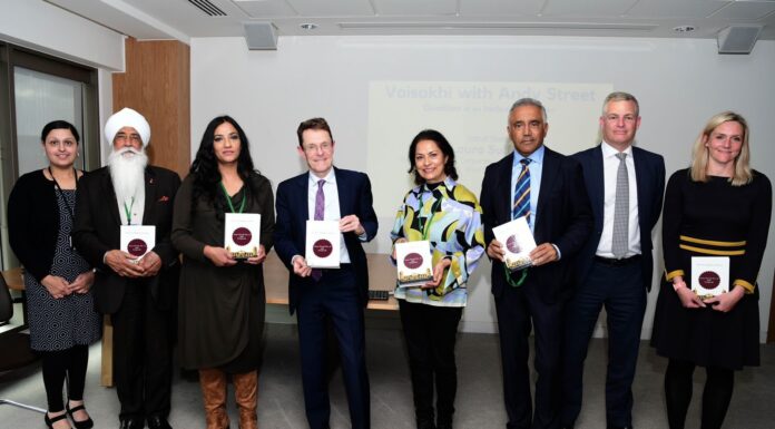 Photo Left to Right: • Manjit Kaur Kang • Bhai Sahib Bhai Mohinder Singh ji • Opinderjit Kaur Takhar, • Andy Street • Anita Bhalla • Paul Bassi • John Maude • Laura Suffolk